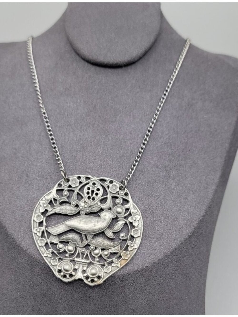 Vintage Bird Floral Pendant Silver Tone Filigree Open-Work Design 18" Chain